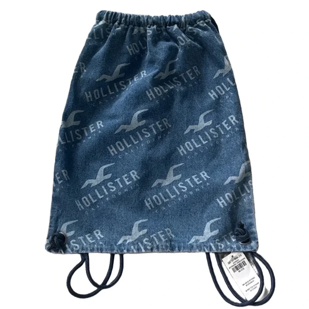 NWT‎ Y2K Hollister California Denim Logo Print Drawstring Cinch Bag Backpack